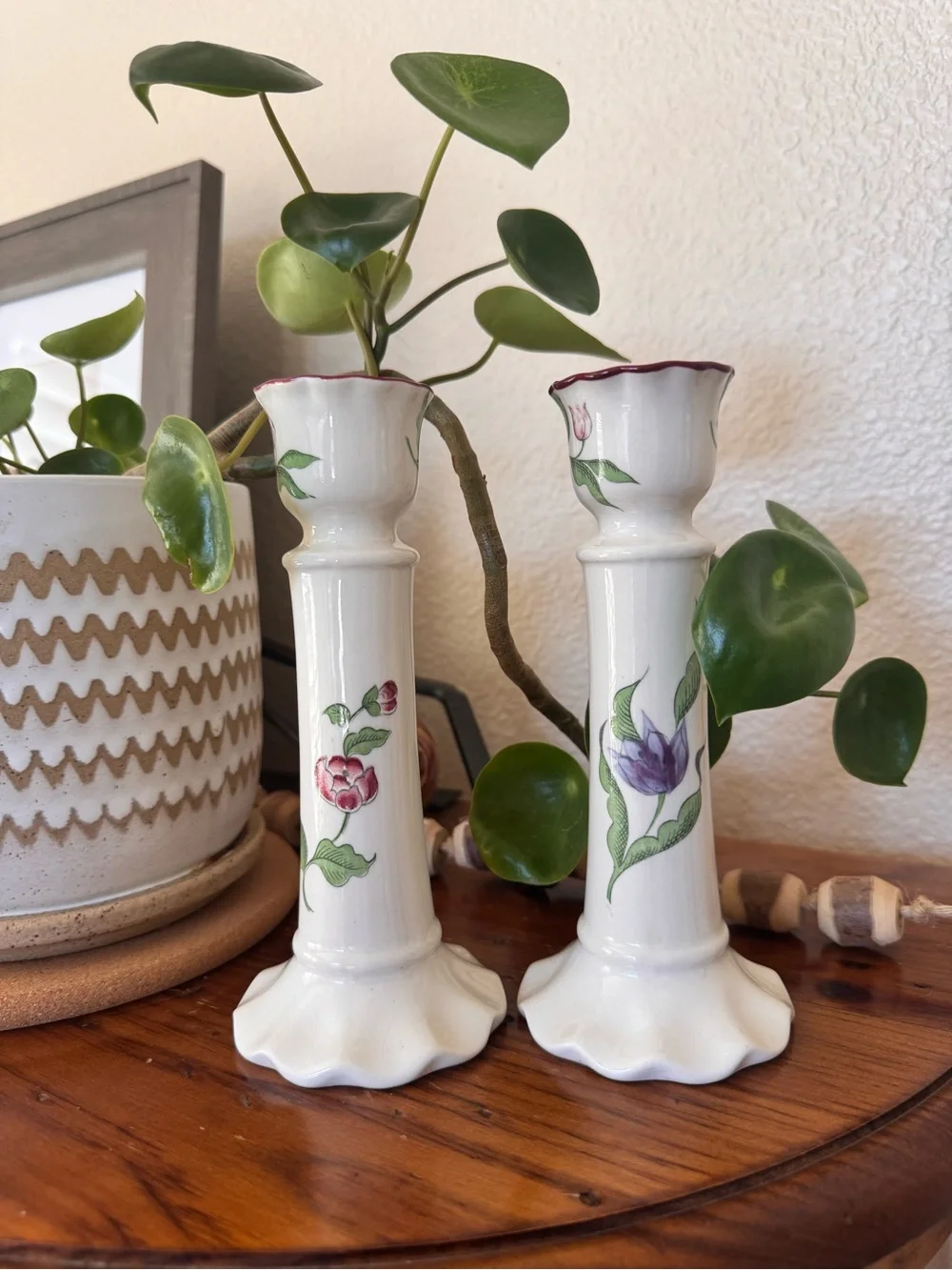 Vintage MANN Japan 1982 Floral Candlestick Holders Pair Cottagecore Porcelain